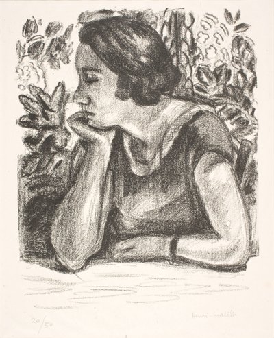 Brystbillede af en dame med hagen hvilende på højre hånd af Henri Matisse