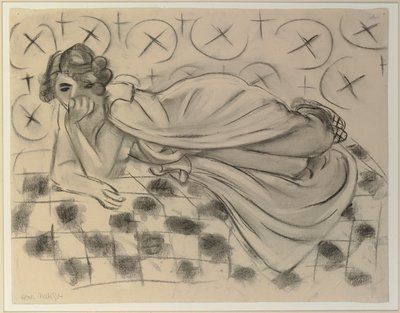 Draperet figur liggende på en sort ternet sofa af Henri Matisse