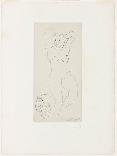 Kvindelig nøgenfigur med løftede arme og kvindehoved af Henri Matisse