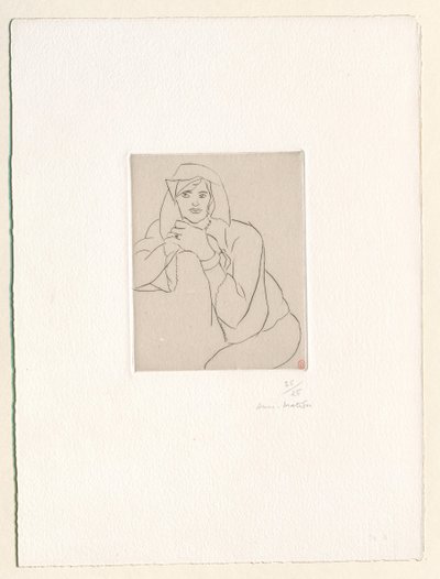 Ung kvinde med hænderne foldet på ryglænet af et møbel af Henri Matisse