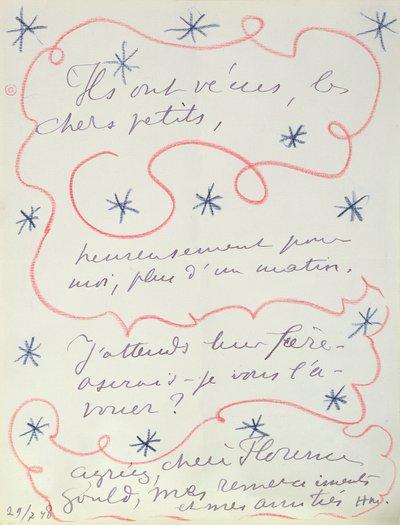 Brev fra maleren til Florence Gould (f. 1895), 29. juli 1948 (pen og farvekridt på papir) af Henri Matisse