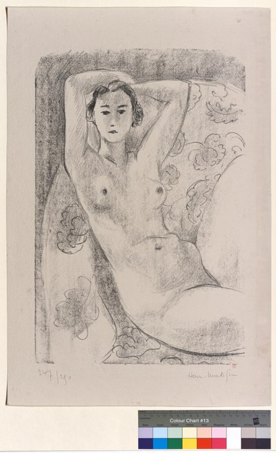 Siddende nøgenmodel i en lænestol med blomsterdekoration af Henri Matisse