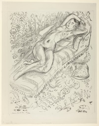 Nøgen hviler på en chaiselong med mashrabiya-baggrund af Henri Matisse