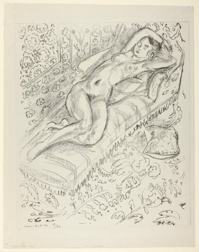 Hvilende nøgen på en chaiselong med mashrabiya-baggrund af Henri Matisse