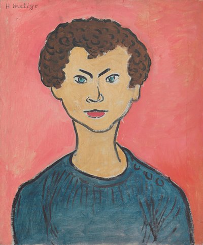 Portræt med krøllet hår, marineblå sweater af Henri Matisse