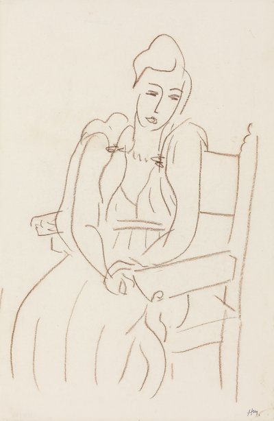 Siddende kvinde (brunt vokskridt på papir) af Henri Matisse