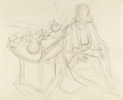 Siddende kvinde - Stilleben med blomster på et bord (kul på lærred) af Henri Matisse