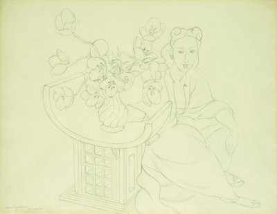 Siddende kvinde med en vase med tulipaner af Henri Matisse