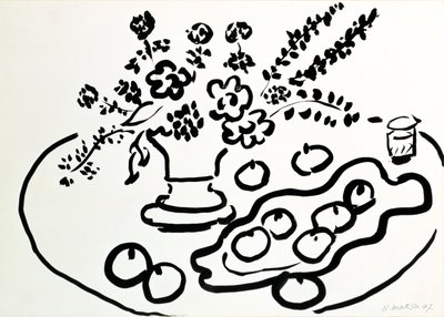 Stilleben med vase med blomster og tallerken med frugt af Henri Matisse