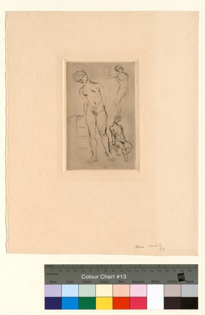 Tre nøgne figurer, hvoraf den ene læner sig op ad en skammel af Henri Matisse