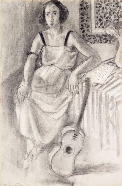 Kvinde sidder med en guitar, ca. 1921-23 (kul på papir) af Henri Matisse