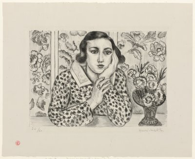 Ung pige læner sig op ad blomstret skærm af Henri Matisse