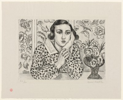 Ung pige, der læner sig op ad et blomstret skærmvæg af Henri Matisse