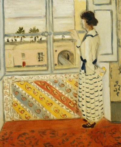 Ung kvinde ved et vindue, blåstribet kjole af Henri Matisse