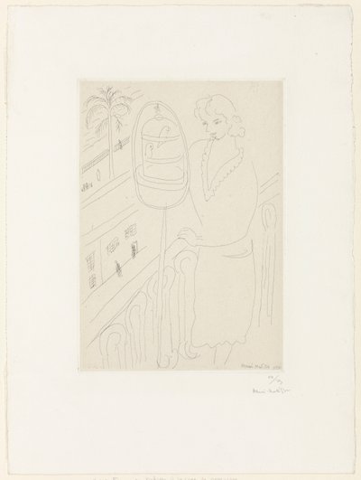 Ung kvinde på en balkon, der ser på parakitter af Henri Matisse