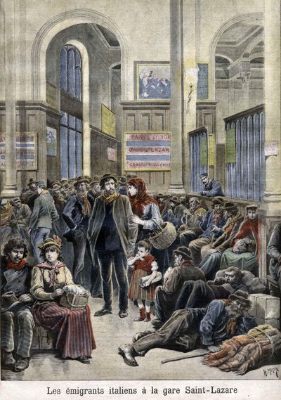 Italienske emigranter på stationen St Lazarus (Saint Lazarus) (Saint Lazarus) - i "The Petity Journal", marts 1896 af Henri Meyer