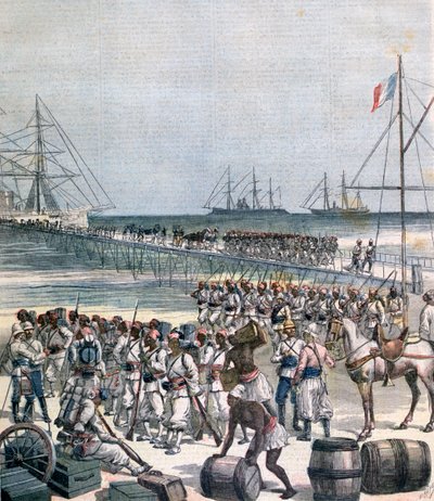 Landgang af de senegalesiske tropper ved New Wharf i Cotonou, Benin, 1892 af Henri Meyer