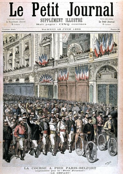 Start på folkemængden, der deltager i Paris - Belfort-løbet arrangeret af PetitJournal - i "" Le petit journal""" af 18/06/1892. af Henri Meyer
