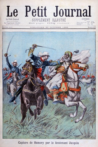 Tilfangetagelsen af Toure Samory af løjtnant Jacquin nær Guelemou i 1898. af Henri Meyer