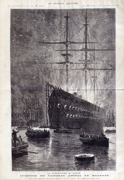 Katastrofen i Toulon: ilden fra flagskibet "" Le Magenta"" - i "" Le Journal Illustrousse"" 1875 af Henri Meyer