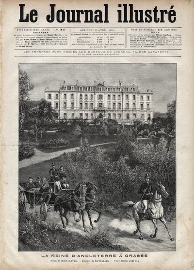 Victoria, dronningen af England i Frankrig i april 1891: A Walk in Grasse - Dronning Victoria a Grasse i Frankrig i april 1891 - Forside til "The Illustrous Journal" fra 1891 - Tegning af Henri Meyer (1844-1899) af Henri Meyer