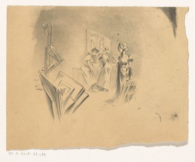 Tre kvinder ser på print i et studie af Henri Patrice Dillon (possibly)