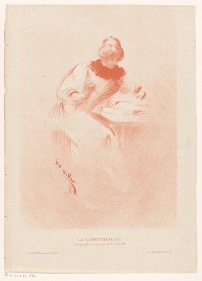 Kvinde bag et bord med en åben bog, en kuglepen i hånden La comptabilité (titel på objekt) af Henri Patrice Dillon