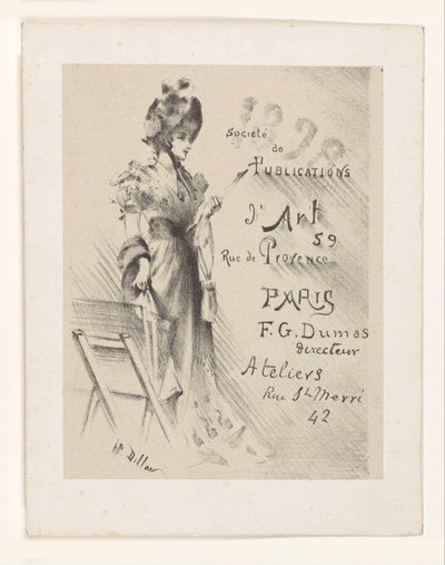 Kvinde ser på et print, ved siden af ​​hende en printstand. af Henri Patrice Dillon