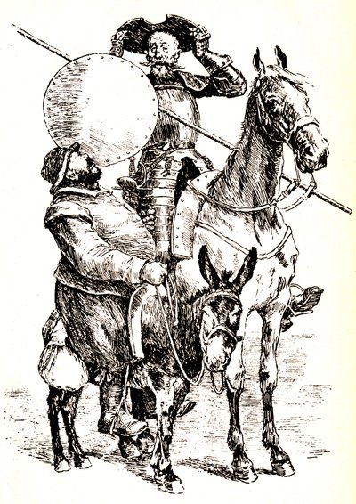Don Quijote på sin hest, ved siden af Sancho på sit æsel af Henri Pille