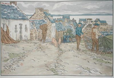 Bretonske fiskere ordner deres garn af Henri Rivière