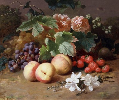 Stilleben med blomster og frugt. Maleri af Henri Robbe (1807-1899) Privat samling. af Henri Robbe