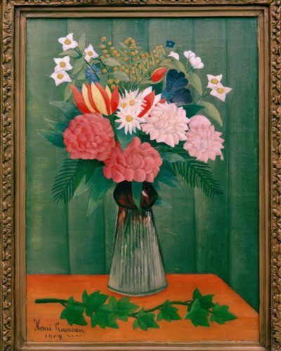 Buket blomster ved grenen af ​​efeu af Henri Rousseau