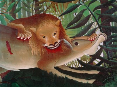 Løven, sulten, kaster sig over antilopen af Henri Rousseau