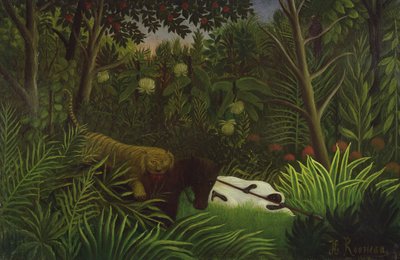 Tiger angriber en hest og en sovende sort mand af Henri Rousseau