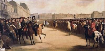Zar Peter I den Store af Rusland (1672-1725) ledsaget af regenten Philip II hertugen af Orleans (1674-1723) under sit besøg i Frankrig gennemgår de beredne tropper ved Tuilerierne (Paris) den 16/06/1717 af Henri Serrur