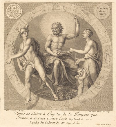 Venus klager til Jupiter over stormen, som Juno vakte mod Aeneas af Henri Simon Thomassin after Elisabeth Sophie Cheron