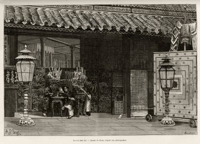 Kong Dong Khanh (1864-1889) Kejser af Annam, hjemme i den kejserlige by Hue (Vietnam). Gravering af Thiriat, for at illustrere historien "" Trente mois au Tonkin"" af Dr. Charles Edouard Hocquard (1853-1911), i 1885, i Le tour du monde, nouveau journal de af Henri Thiriat
