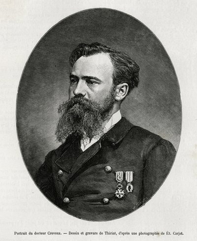 Portræt af Dr. Jules Nicolas Crevaux (1847-1882), læge og opdagelsesrejsende i Sydamerika (fra Fransk Guyana til Argentina), han interesserede sig meget for studiet af moral og historien om de befolkninger, han mødte under sine rejser. talrige bøger af Henri Thiriat