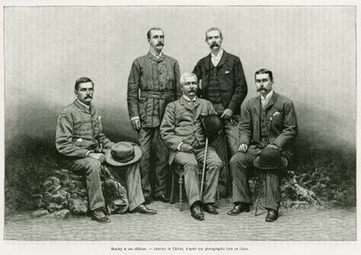 Portræt af Henry Morton Stanley (John Rowlands 1841-1904) omgiver hans officerer fra venstre: Dr. Thomas Heazle Parke (1857-93), Robert H. Nelson, William G. Stairs og Arthur J. M. Jephson. Gravering af Thiriat, til illustration af historien Dans les teneb af Henri Thiriat