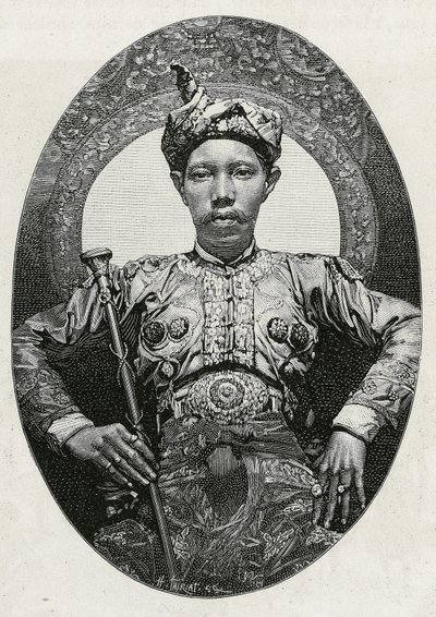 Portræt af Mohammed Yamalul Alam, sultan af Soulou (eller Sulu) (Filippinerne), i 1880. Gravering af Thiriat, for at illustrere historien "" Rejsen til Filippinerne"" af Henri Thiriat