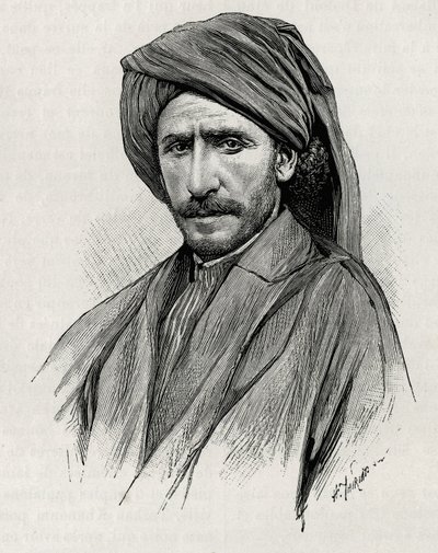 Portræt af Sheik Moses, den mest magtfulde stammeleder i Arabistan (eller den arabiske halvø). Gravering af Thiriat, for at illustrere historien "" Persien, Kaldæa og Susiane"" af Henri Thiriat