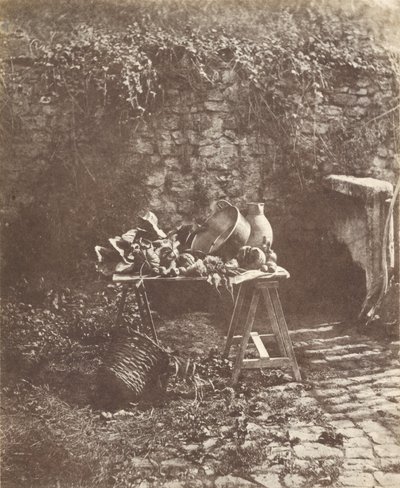 Stilleben- Kedel, kande og grøntsager på et bukkebord af Henri Victor Regnault