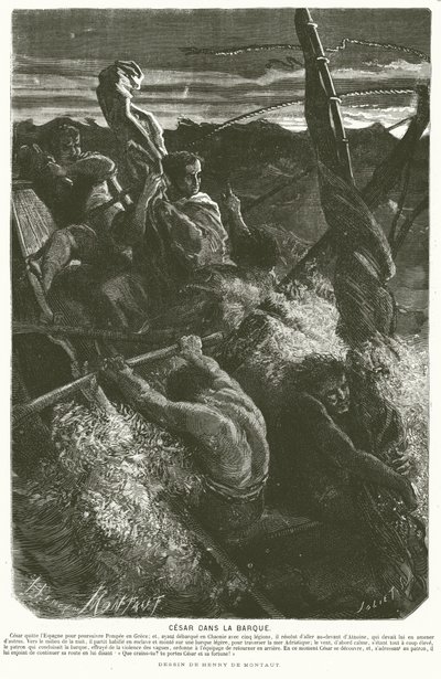 Julius Cæsar, forklædt som slave, afslører sin identitet til besætningen på en båd, der var fanget i en storm, mens han krydsede Adriaterhavet, 48 f.Kr. (gravering) af Henri de (after) Montaut