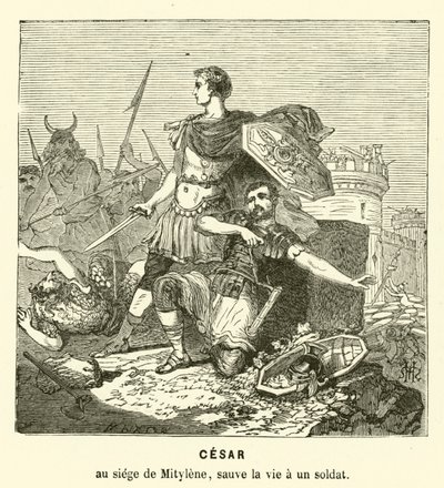 Julius Cæsar reddede en soldats liv ved belejringen af Mytilene, Lesbos, Grækenland, 81 f.Kr. (gravering) af Henri de (after) Montaut