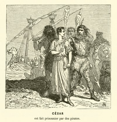 Julius Cæsar taget til fange af kiliciske pirater, mens han krydsede Det Ægæiske Hav, c75 f.Kr. (gravering) af Henri de (after) Montaut