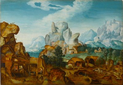Rocky Landscape with a Forge Flugten ind i Egypten før 1550. af Henri de Herri met de Bles