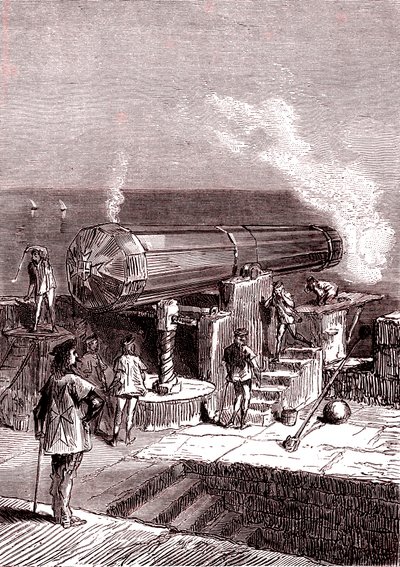 Den gigantiske kanon på øen Malta, kunstværk, "Fra jorden til månen" af Jules Verne af Henri de Montaut