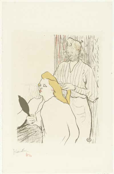Frisør kæmmer hår af siddende kvinde med spejl i hånden Le coiffeur Program du Théâtre Libre af Henri de Toulouse Lautrec (signed by artist)