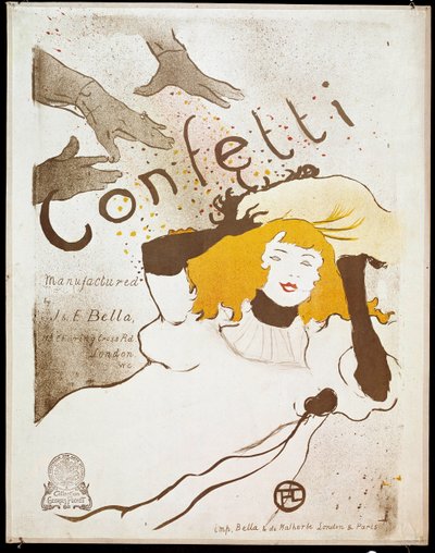 Konfetti: hænder kaster konfetti-håndled på en kvinde med gult hår. Plakat af Henri de Toulouse-Lautrec (1864-1901). Svag. 0,54 x 0,39. 1893. Albi, Musee Toulouse Lautrec af Henri de Toulouse Lautrec