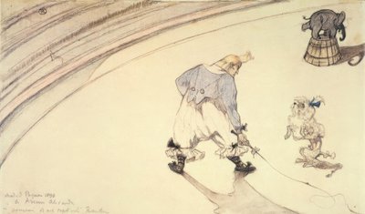 I cirkus: Klovnen Footit med puddelhund og elefant af Henri de Toulouse Lautrec